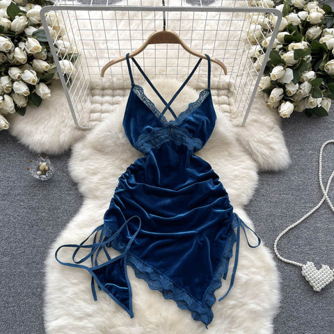 Lace Deep V-neck Velvet Slip Dress