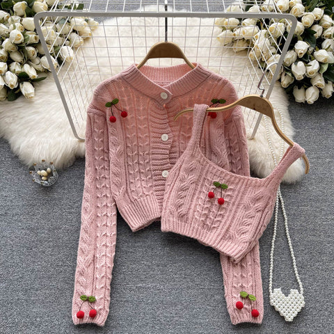 Cherry Knitted Cardigan&Camisole 2Pcs Set