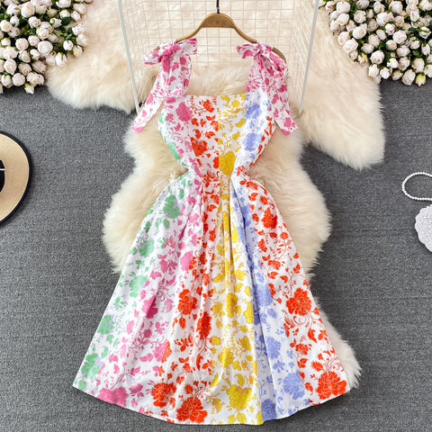Bow-tie Lace-up Printed Floral Dress