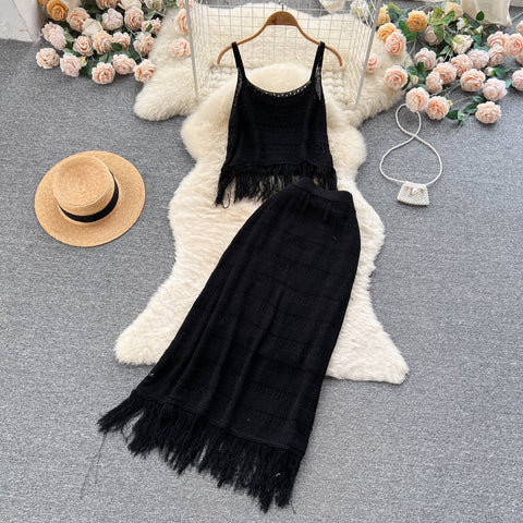 Tassel Camisole&Hip-wrapping Skirt 2Pcs