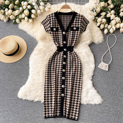 Single Breasted Houndstooth Knitted Dress