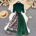 Knitted Fake Two-piece Stitching Pleated Print Dress