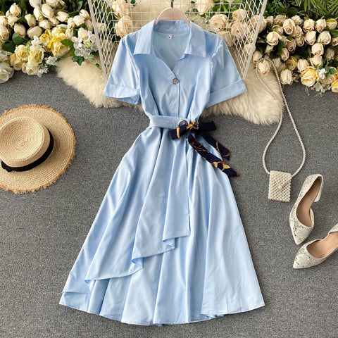 Irregular A-Line Belted Waist Dress