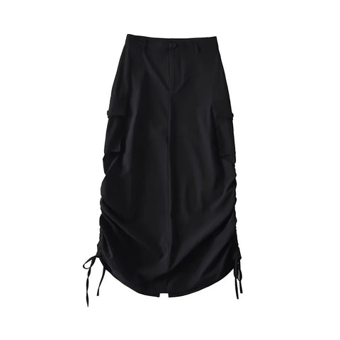 Cargo Skirt With High Waist Side Pockets And Slit Back