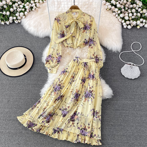 Two-piece Bow Tie Floral Chiffon Shirt And Skirt