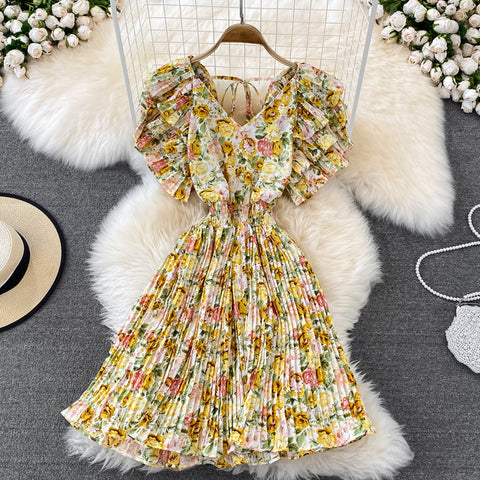 V-Neck Ruffle Sleeve Floral Pleated Dress