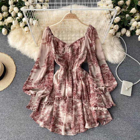 High-end Square Collar Lace-up Floral Dress