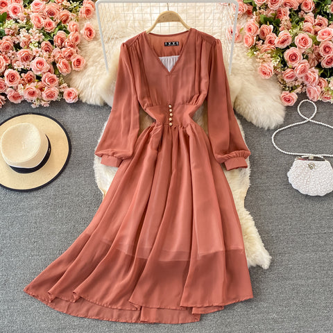 Puff Sleeve High Waist V Neck Chiffon Dress