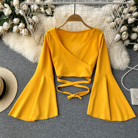 Drawstring V-neck Long-sleeve Top