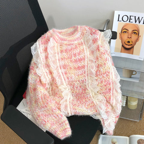 Lace Patchwork Tie-dye Soft Sweater
