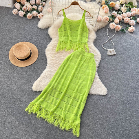 Tassel Camisole&Hip-wrapping Skirt 2Pcs