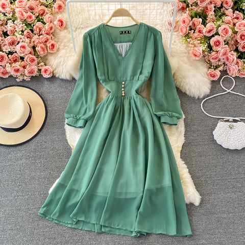 Puff Sleeve High Waist V Neck Chiffon Dress