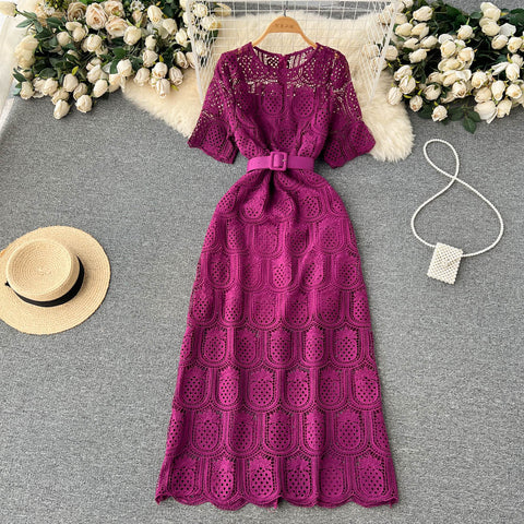 Crochet Lace Hollowed Long-sleeve Dress