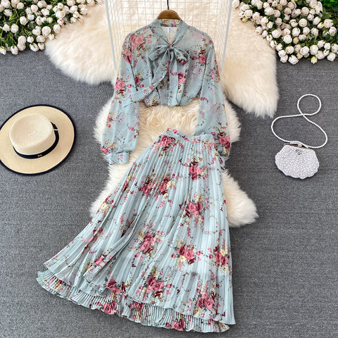 Two-piece Bow Tie Floral Chiffon Shirt And Skirt