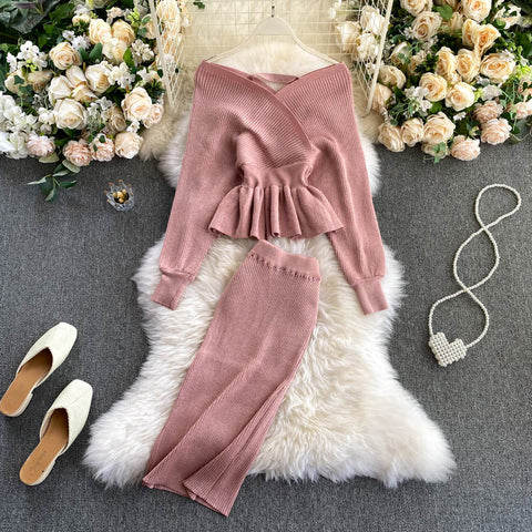 Off-the-shoulder Top&Skirt Knitted 2Pcs