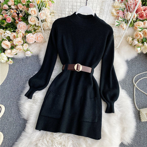 Turtleneck Long Sleeve Knitted Sweater Dress