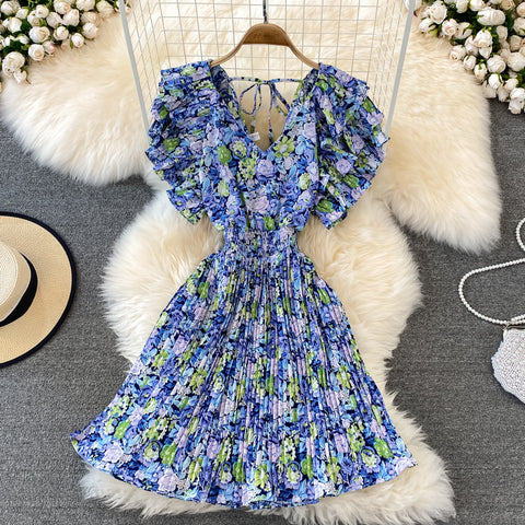V-Neck Ruffle Sleeve Floral Pleated Dress