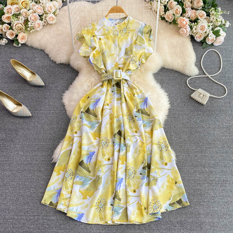 Stand Collar Floral Printed A-line Dress