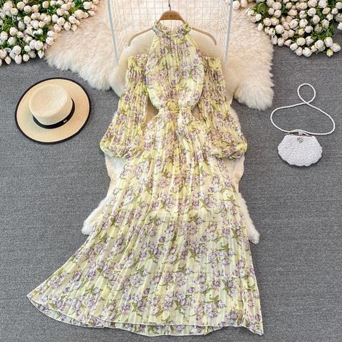 Puff-sleeve Halterneck Off-the-shoulder Floral Dress
