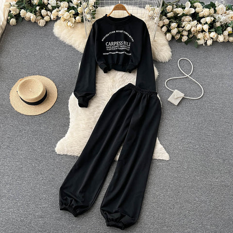 Printed Sweatshirt&Drawstring Sports Trousers