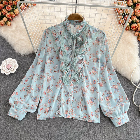 Lace Floral Chiffon Shirt Lace-Up Top