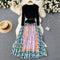 French Style Knitted Patchwork Printed Dress