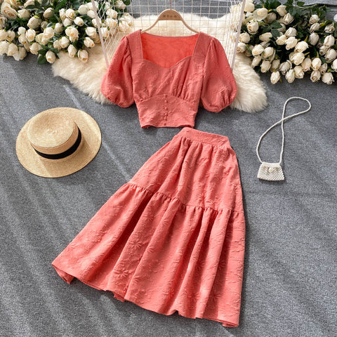 Two-piece Puff Sleeve Short Top And Skirt