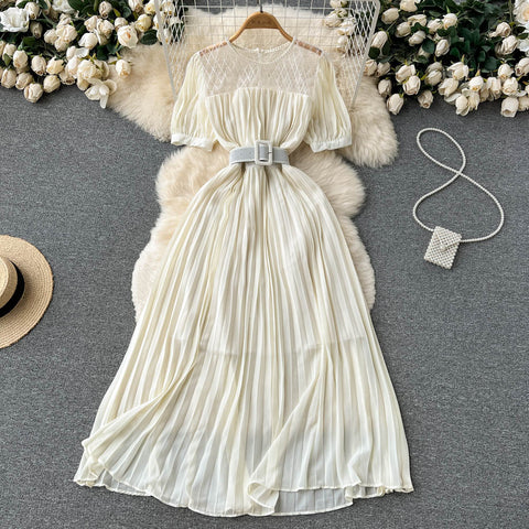 High Waist Tied Chiffon Pleated Dress