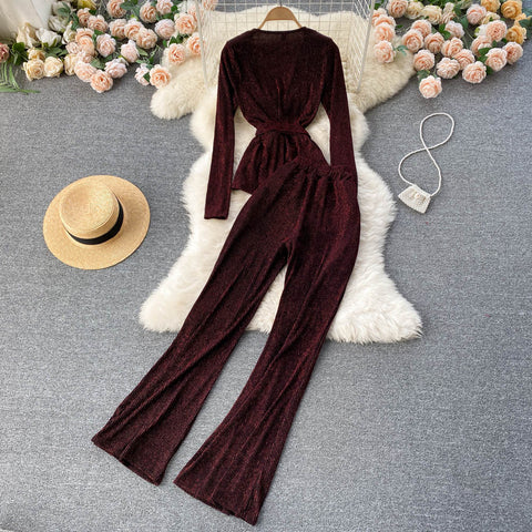 Pit-striped Lace-up Cardigan&Trousers 2Pcs