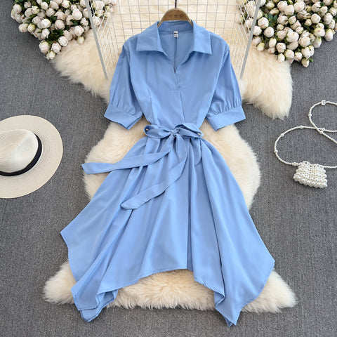 Solid Colour V-neck Bow Tie Dress