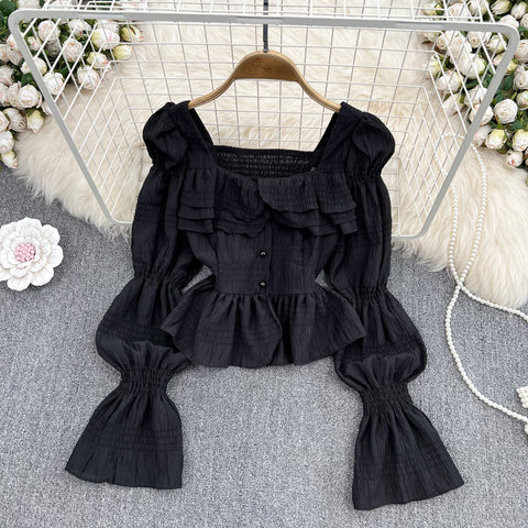 Square Collar Ruffled Chiffon Shirt