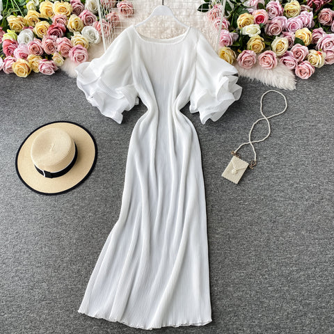 Ruffled Flared Sleeve Pleated Dress