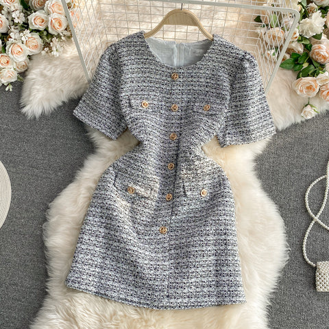 Round Neck Single-breasted Tweed Dress
