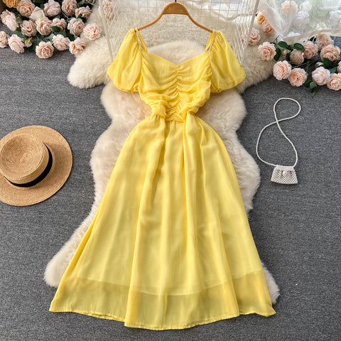 Bubble Sleeve Square Collar Chiffon Dress
