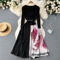 French Style Knitted Patchwork Printed Dress