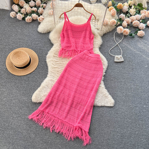 Tassel Camisole&Hip-wrapping Skirt 2Pcs