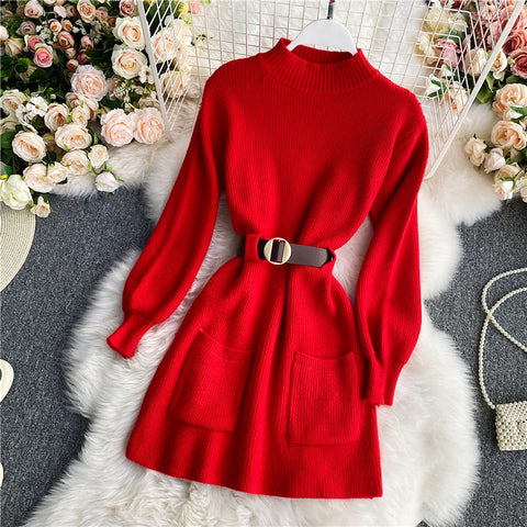 Turtleneck Long Sleeve Knitted Sweater Dress