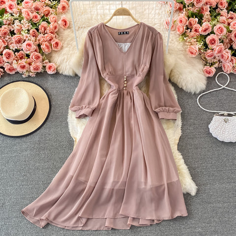 Puff Sleeve High Waist V Neck Chiffon Dress