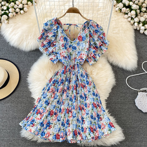 V-Neck Ruffle Sleeve Floral Pleated Dress