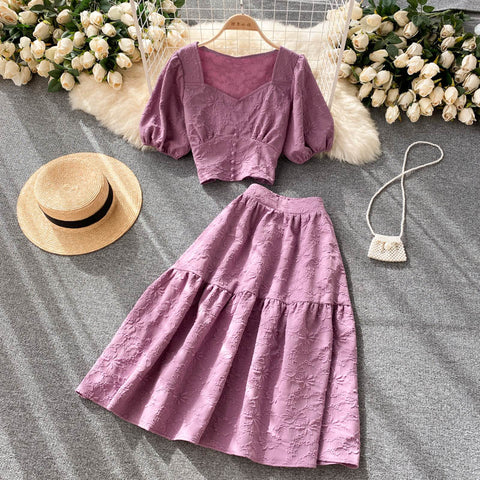 Two-piece Puff Sleeve Short Top And Skirt