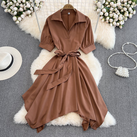 Solid Colour V-neck Bow Tie Dress