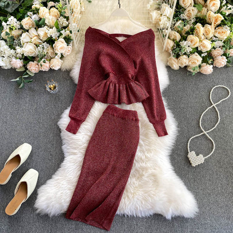 Off-the-shoulder Top&Skirt Knitted 2Pcs