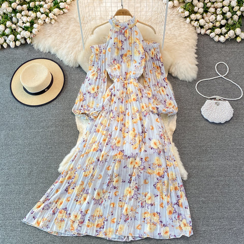 Puff-sleeve Halterneck Off-the-shoulder Floral Dress