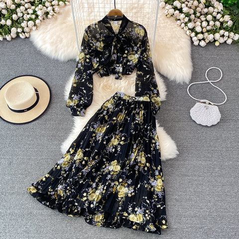 Two-piece Bow Tie Floral Chiffon Shirt And Skirt