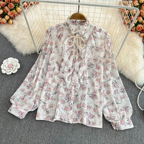 Lace Floral Chiffon Shirt Lace-Up Top