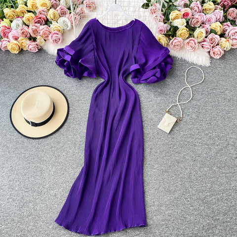 Ruffled Flared Sleeve Pleated Dress