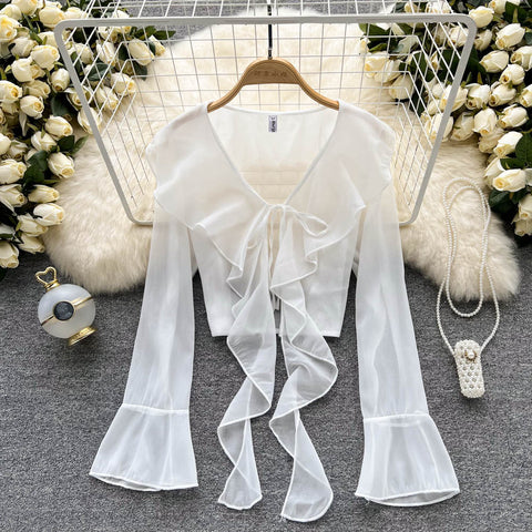 French Style V-neck Lace-up Blouse