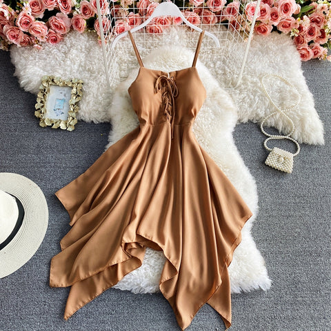Solid Color Lace-up Sleeveless Irregular Swing Dress