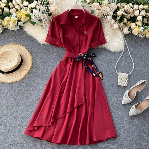 Irregular A-Line Belted Waist Dress
