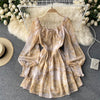 High-end Square Collar Lace-up Floral Dress